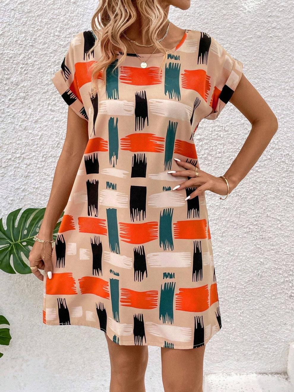 Women Summer Short-sleeved Printed Bat Sleeves Round Neck Dress