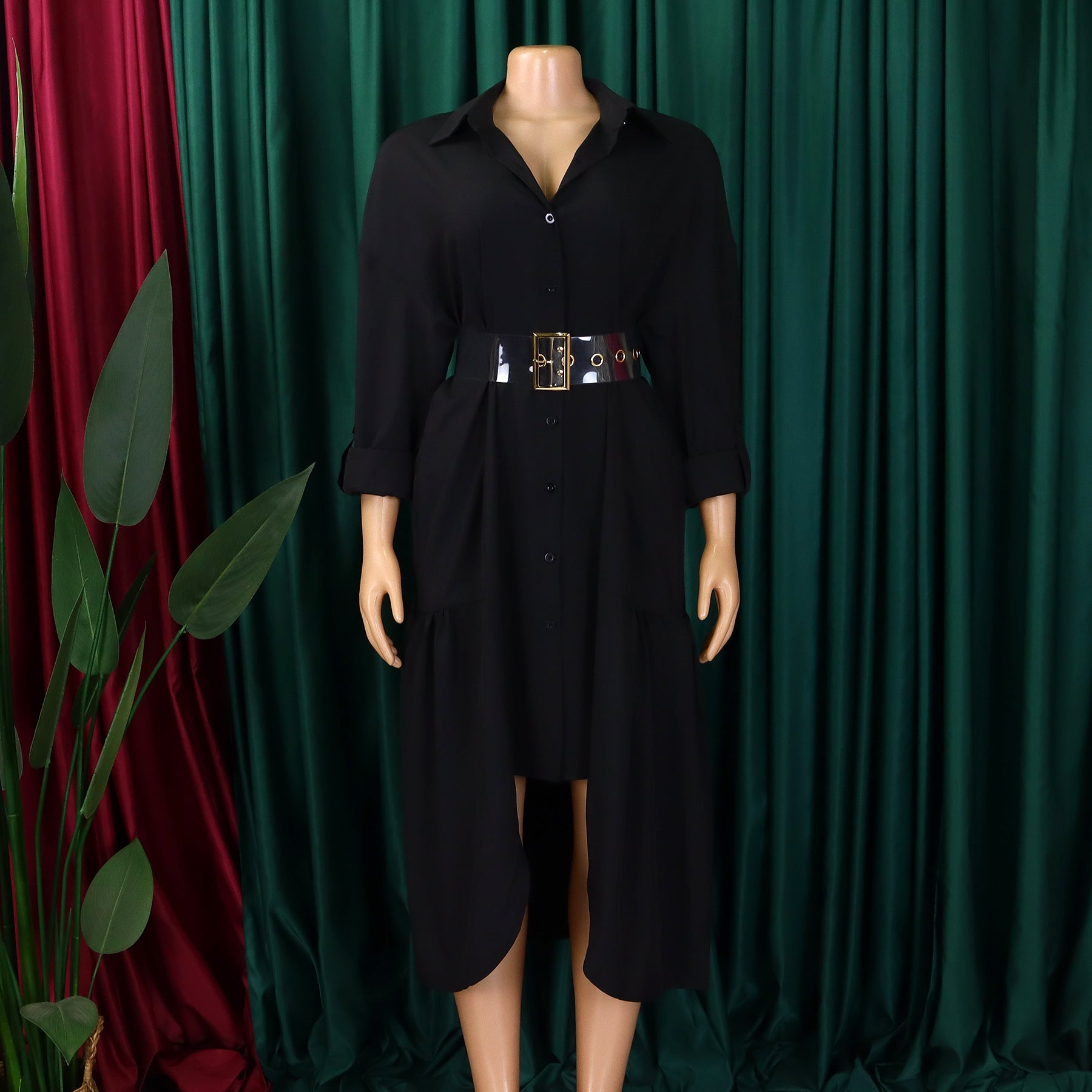 Women's Turndown Collar Solid Color Fashion Loose Casual Button Irregular Shirt Dress 25