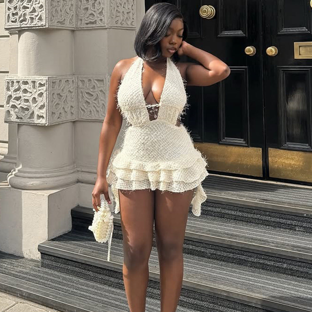 Women's V-Neck Cut-Out Tie-Up Lace-Up Low Back Fuzzy Mini Puffy Dress 4