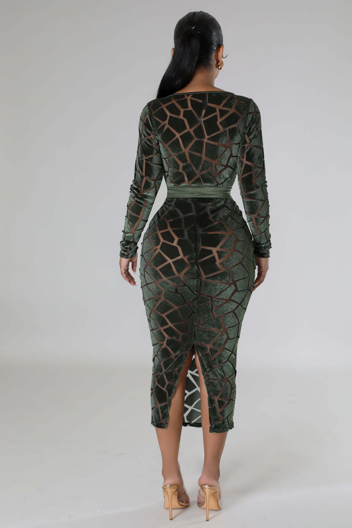 Women's Flocked Long Sleeve V-Neck Nightclub Dress 7