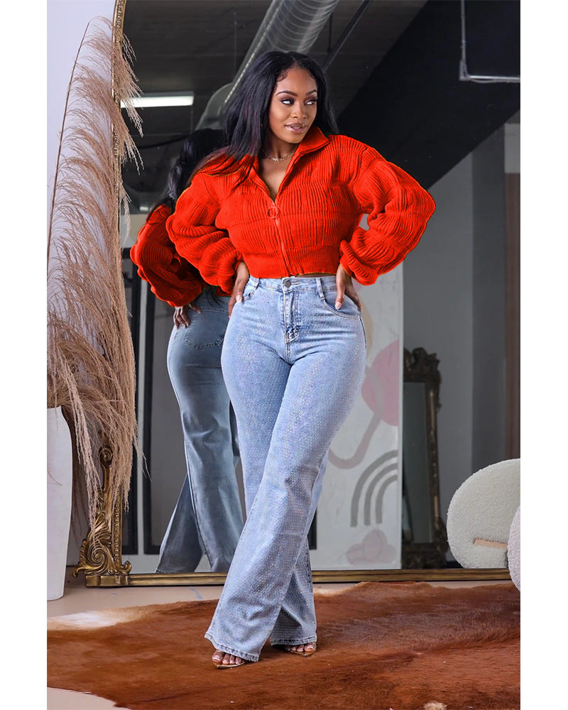 Women loose lantern sleeves Ribbed cuffs zipper sweater 5