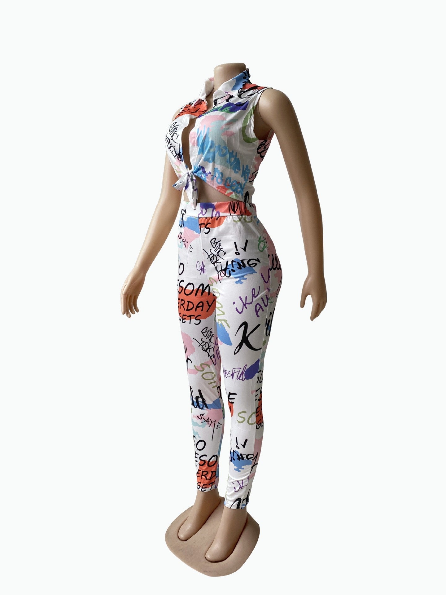 Women 2-Piece Set Turndown Collar Sleeveless Top and Printed Multi-Color Long Pants Two-Piece Set 6