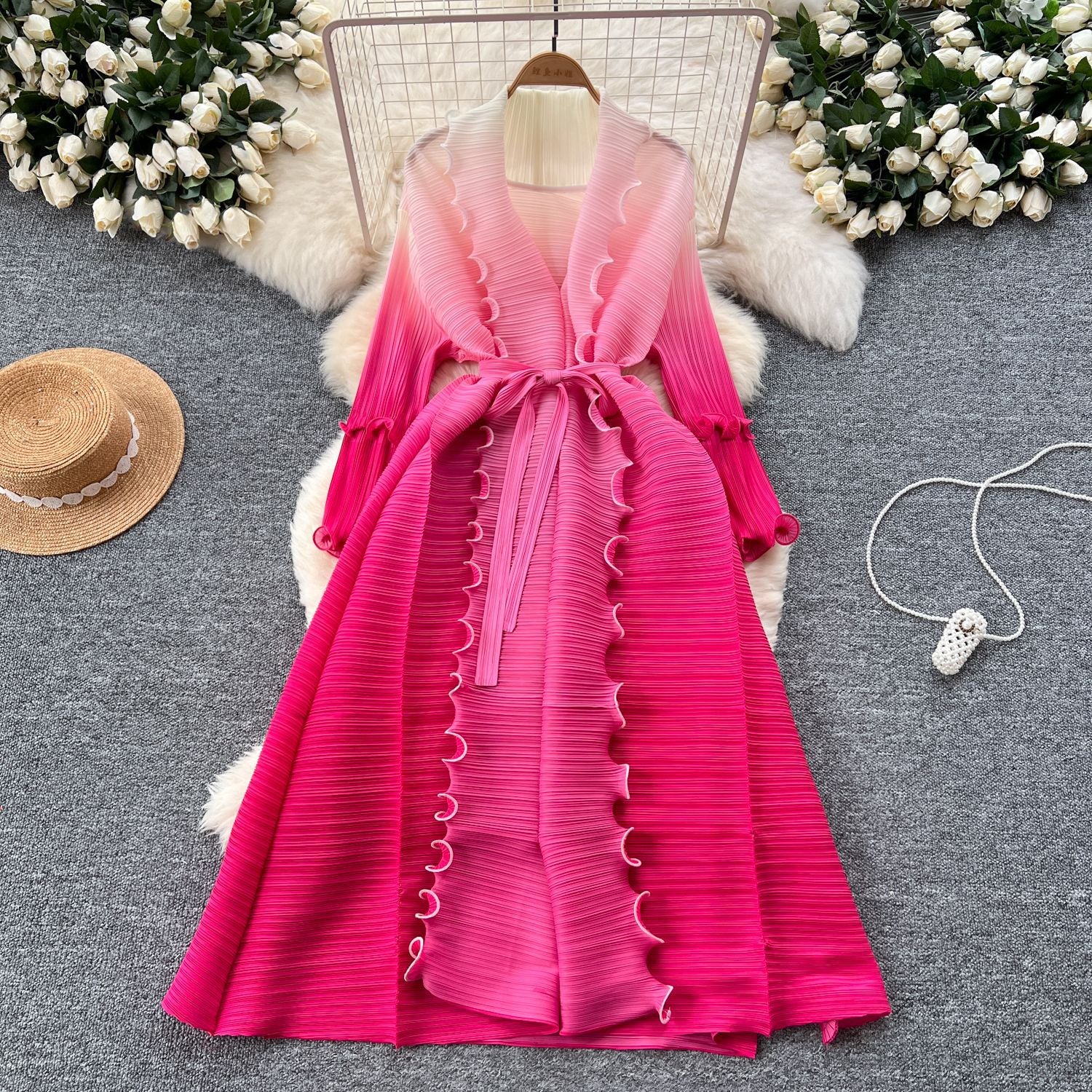 Women Lace-Up Ruffle Edge Pleated Dress 6