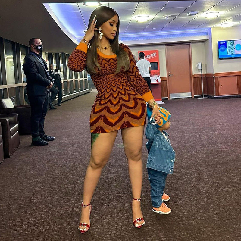 Fall Women knitting contrasting color sexy Bodycon dress 4