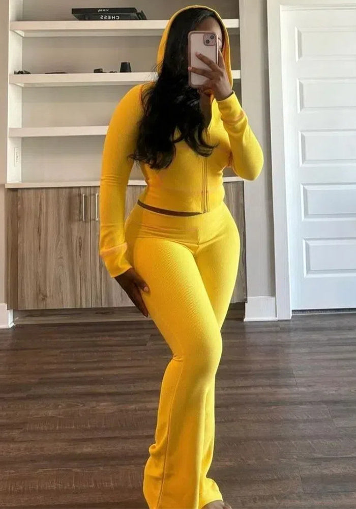 Women's Fashion Rib Zipper Hoodie Slim Bell Bottom Sports Pants Yoga Two Piece Set