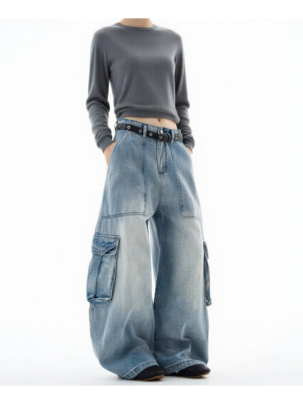 Plus-Size Women American Blue Cargo Denim Wide-Leg Pants 5