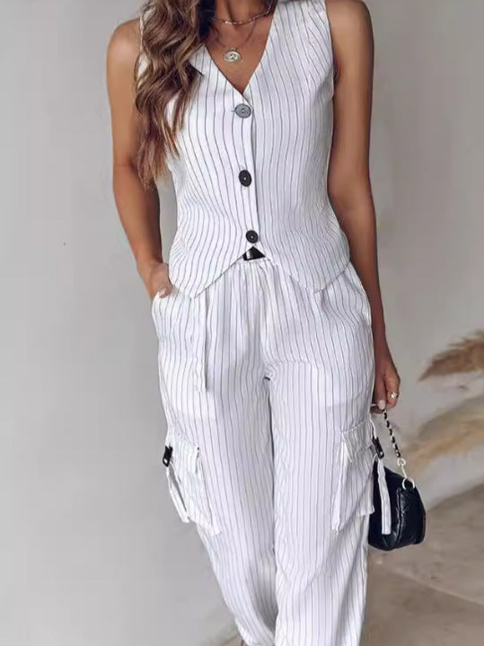 Women's Chic Elegant Solid Color Striped Button Vest Pocket Pants Two Piece Set 5