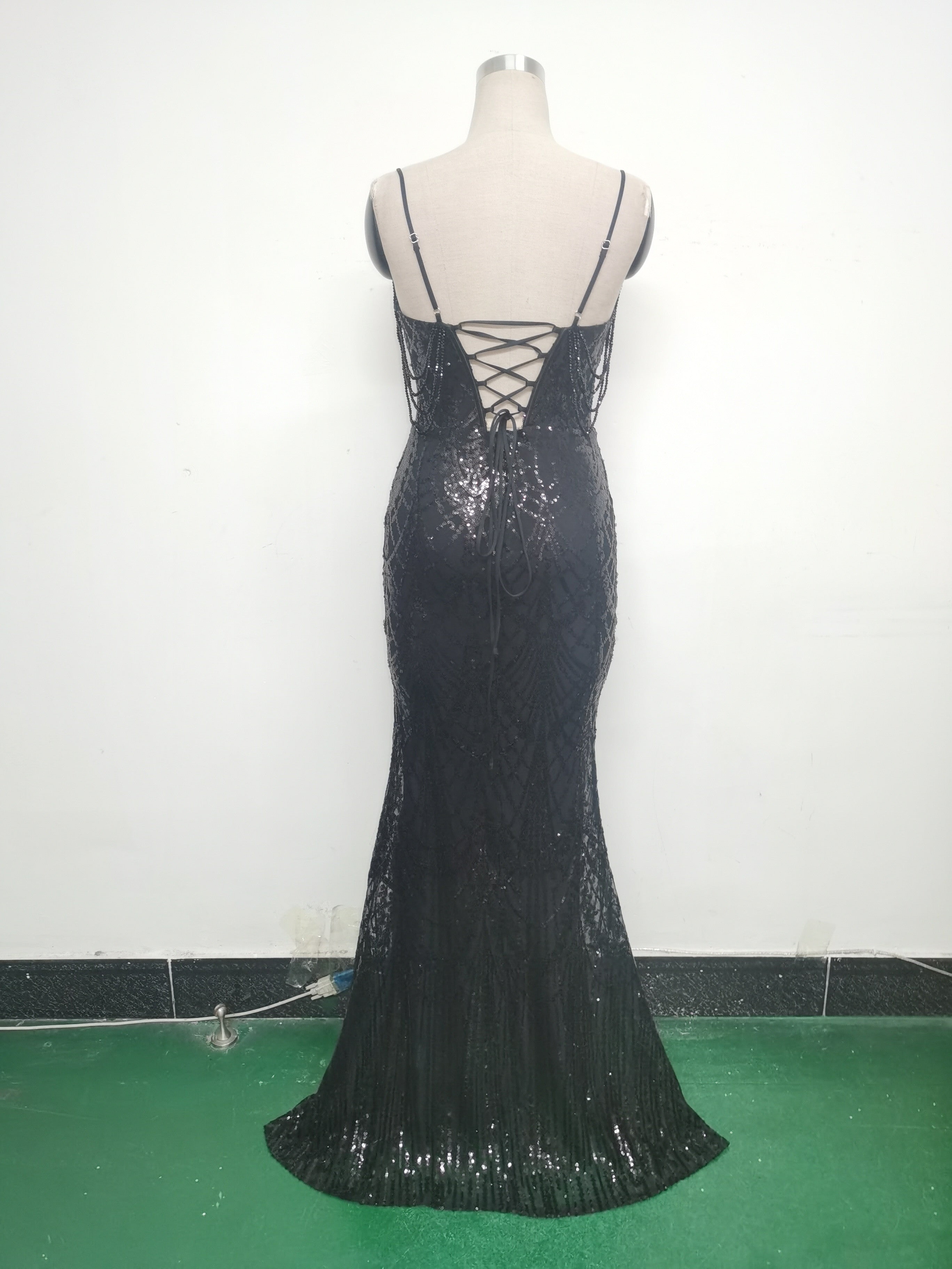 Women beaded sequin fishbone Lace-Up See-Through evening dress 27