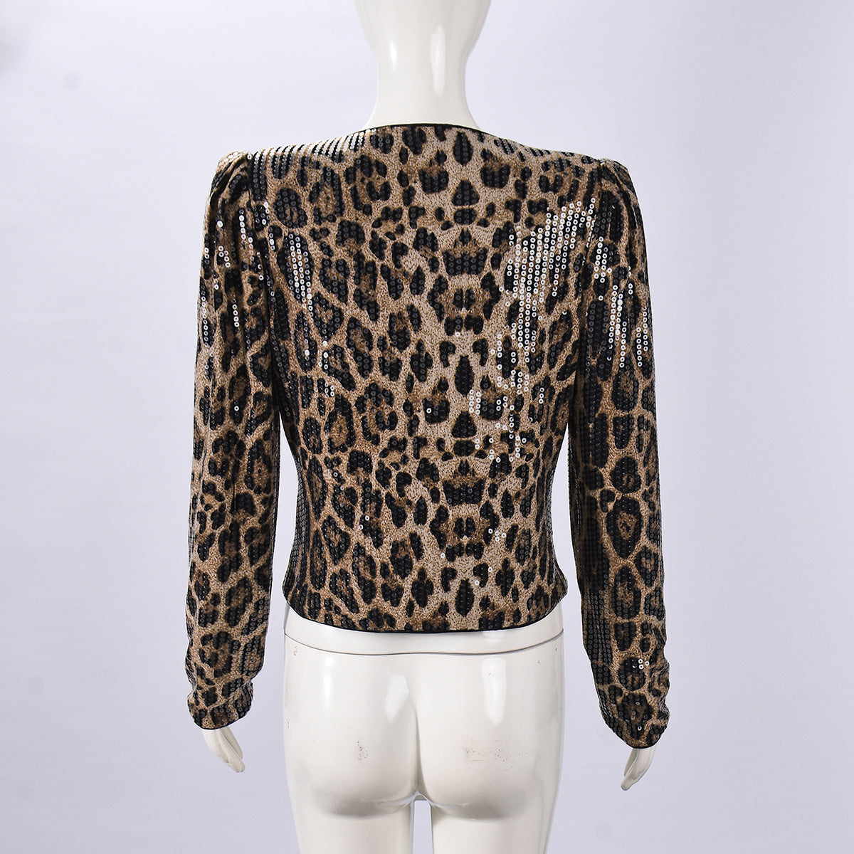 Women Leopard Sequin Long-Sleeved Blazer Coat 8