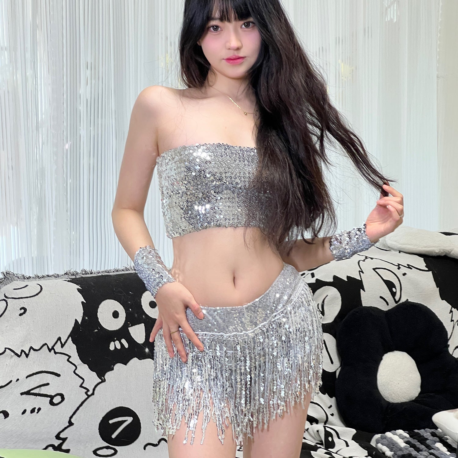 Women sequined top and tassel sequined skirt two-piece set 45