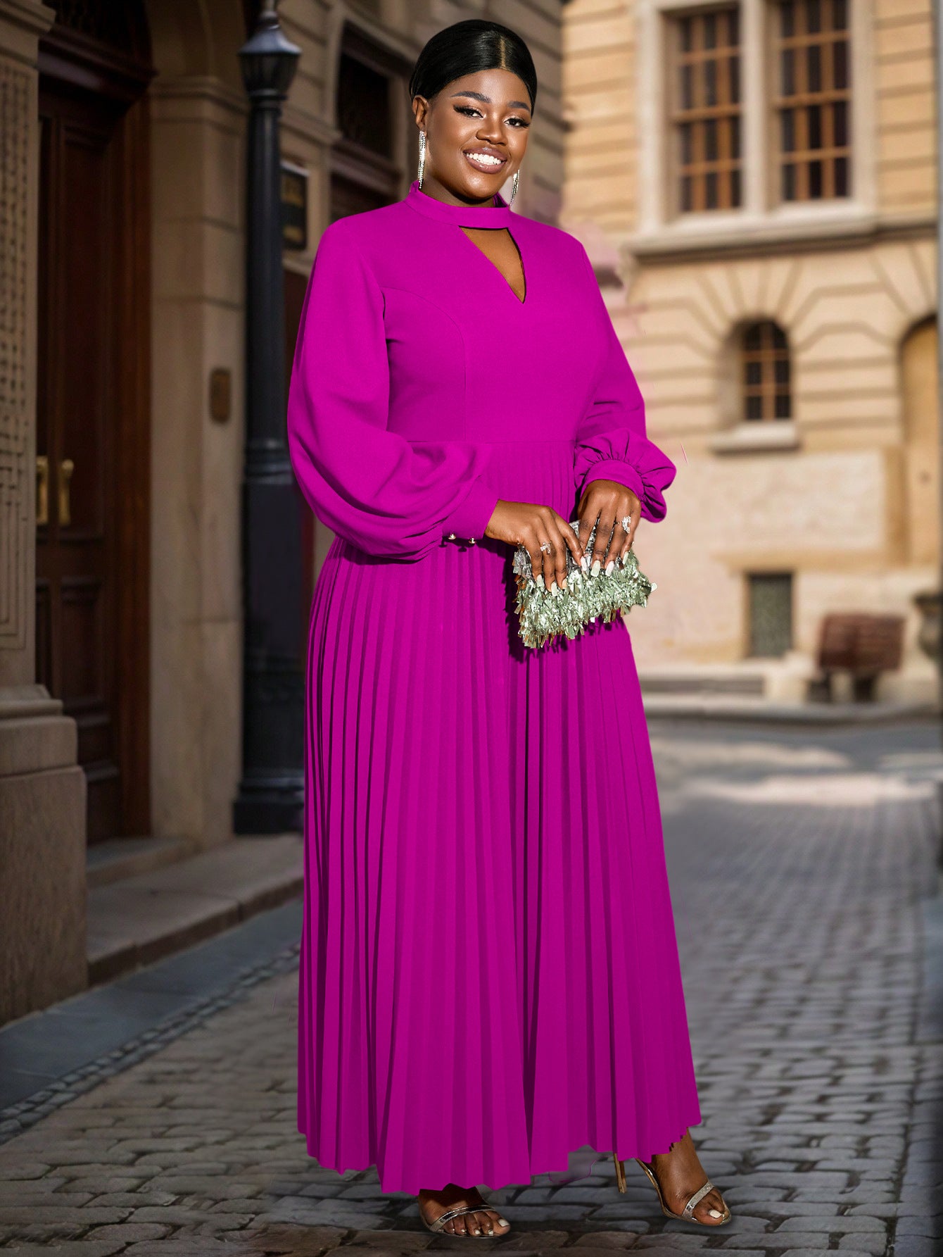 Women hollow Stand Collar lantern sleeve pleated Dress 6