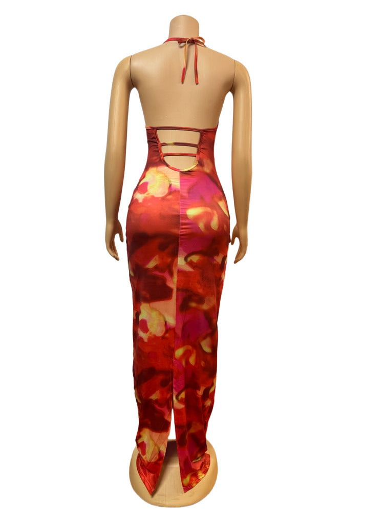 Women printed Halter Neck Lace-Up sexy backless bodycon dress 13