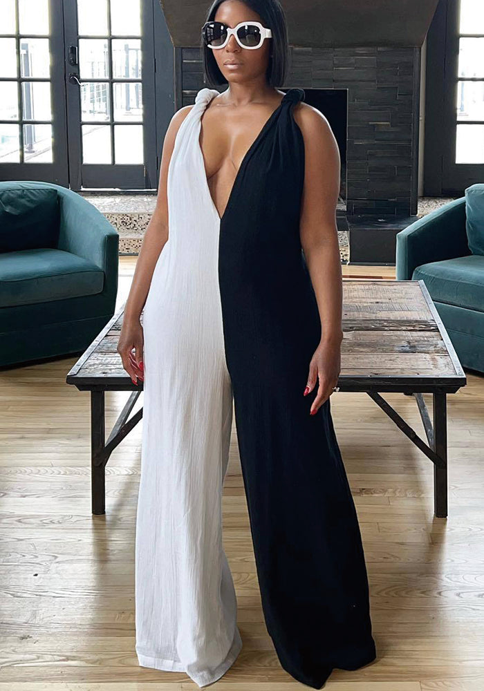Women's Black And White Contrast V-Neck Straps Wide Leg Jumpsuit