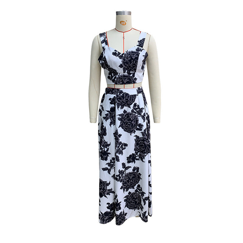 Women's Suit Summer Printed Strap Vest Top Long Skirt Two-Piece Set 8