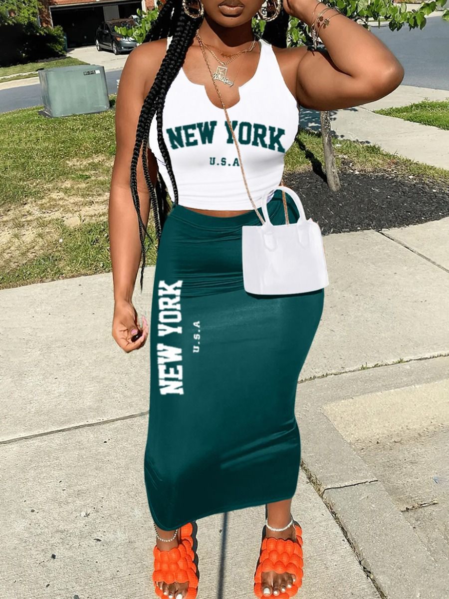 Summer printed vest long skirt 2-piece set 3