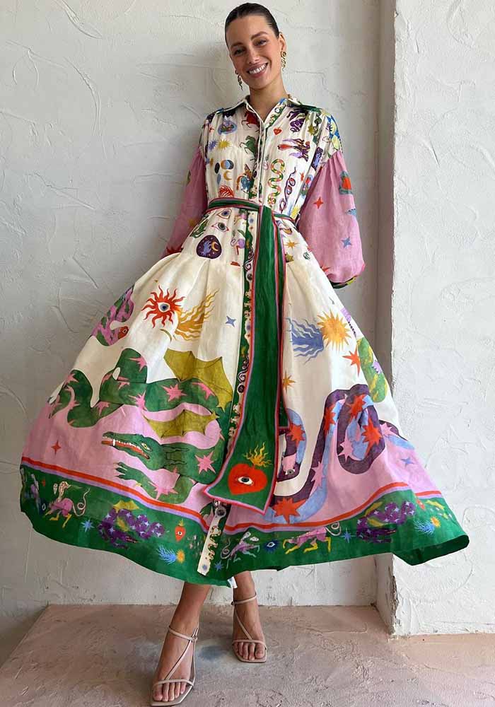 Women polo collar printed pleated long sleeve loose dress