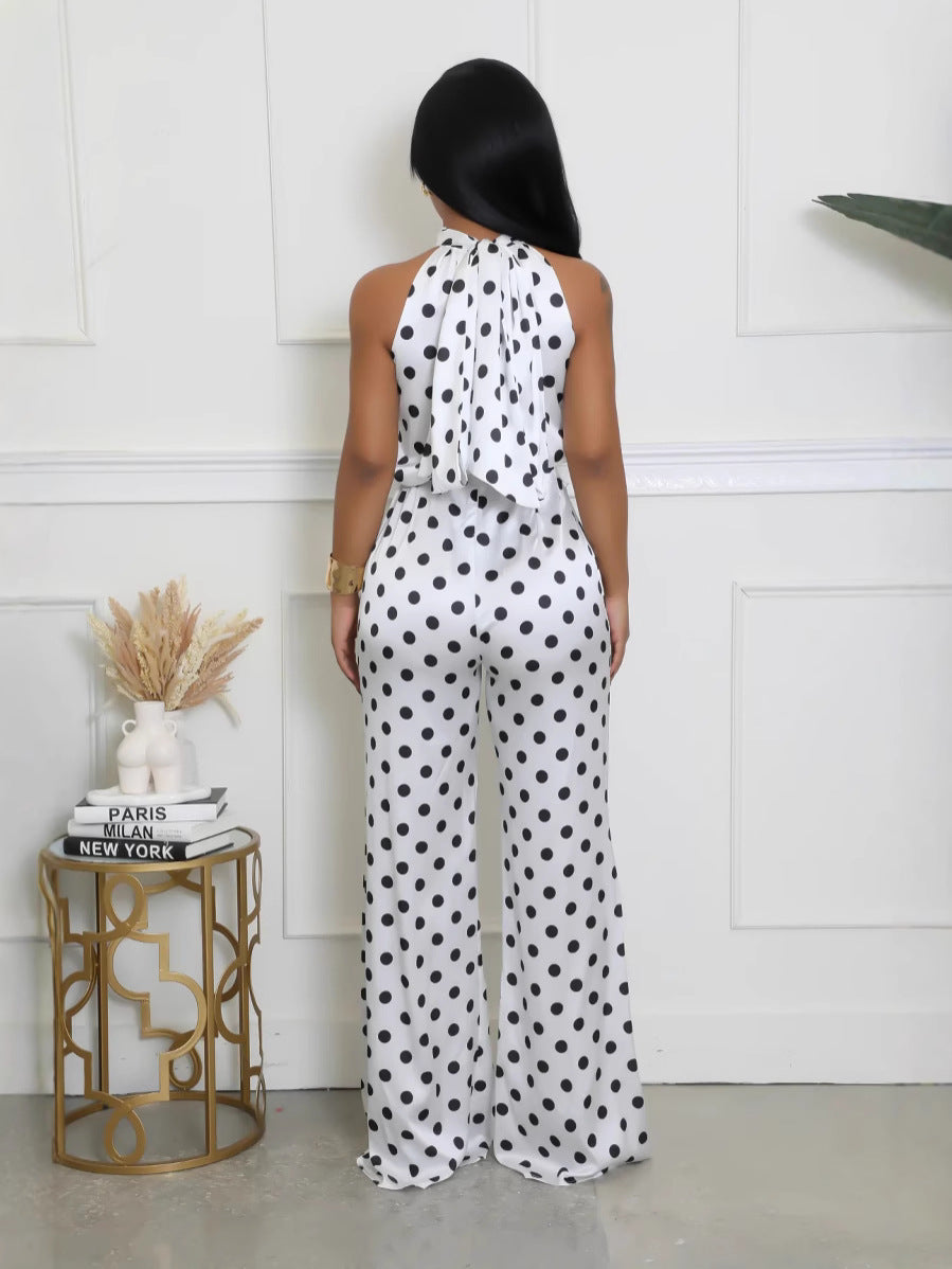 Women Sleeveless Halter Neck Lace-Up Polka Dot Jumpsuit