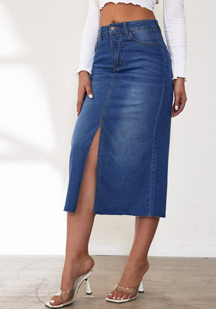 Retro Women's Midi Slit Denim Skirt
