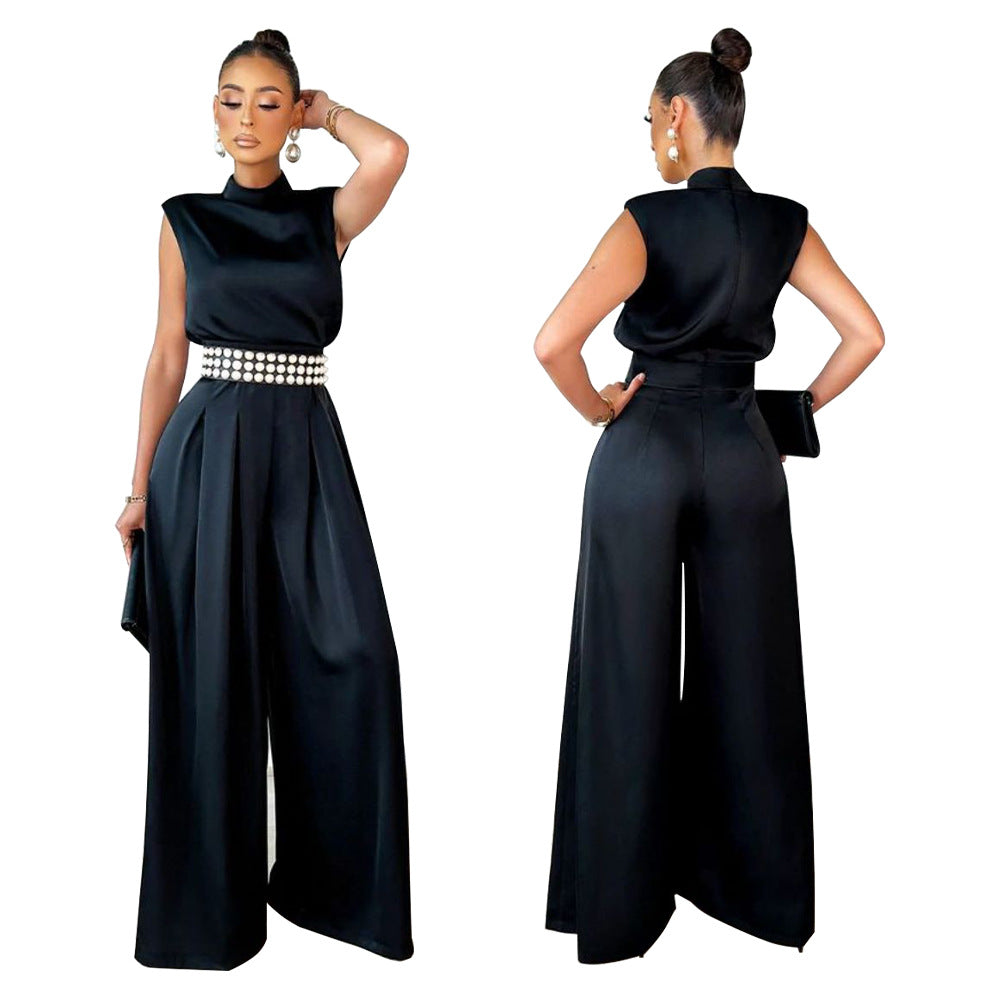 Women's Fashion Wide Leg Pants Solid Color Turtleneck Sleeveless Slim Waist Jumpsuit 6