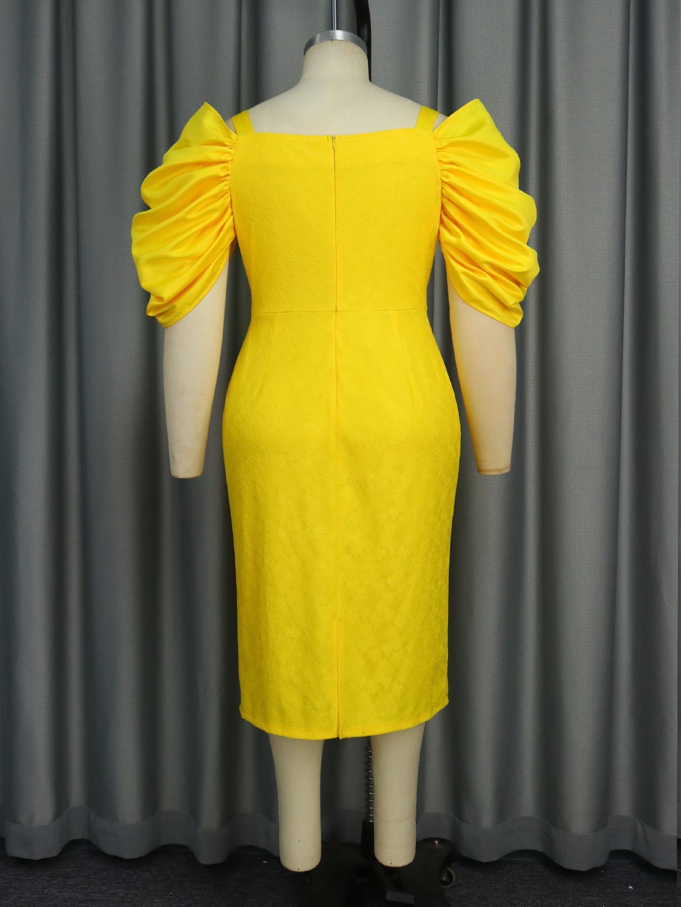 V-Neck Pleated Sleeve Low Back Formal Dinner Lace High Waist Party Dress 6