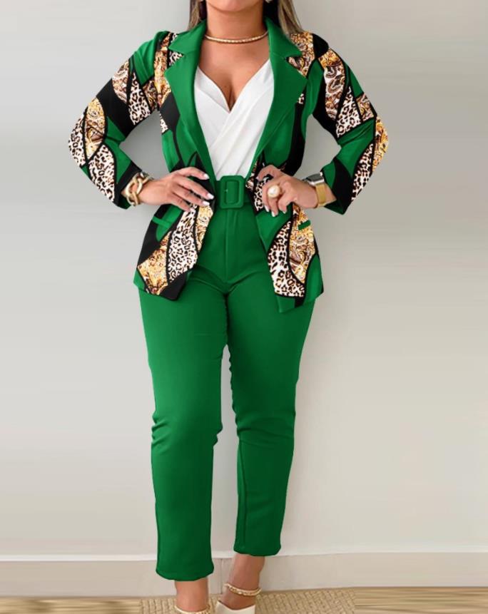 Women Printed Casual Blazer and Pant Two-Piece Set with Belt 9
