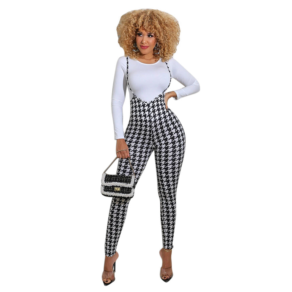 Spring Printed Long-Sleeved Slim Fit Women's Strap Casual Two Piece Pants Set 32