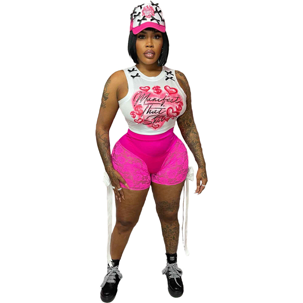 Women's sexy Lace See-Through bow shorts sleeveless vest two-piece set 12