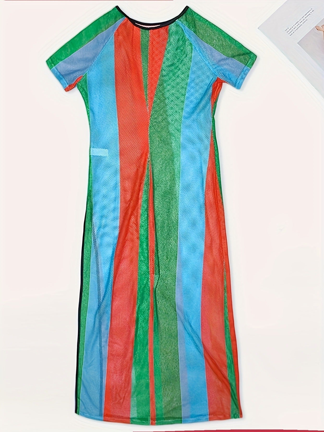 Plus Size Women Short Sleeve Striped Mesh Slit Dress 16