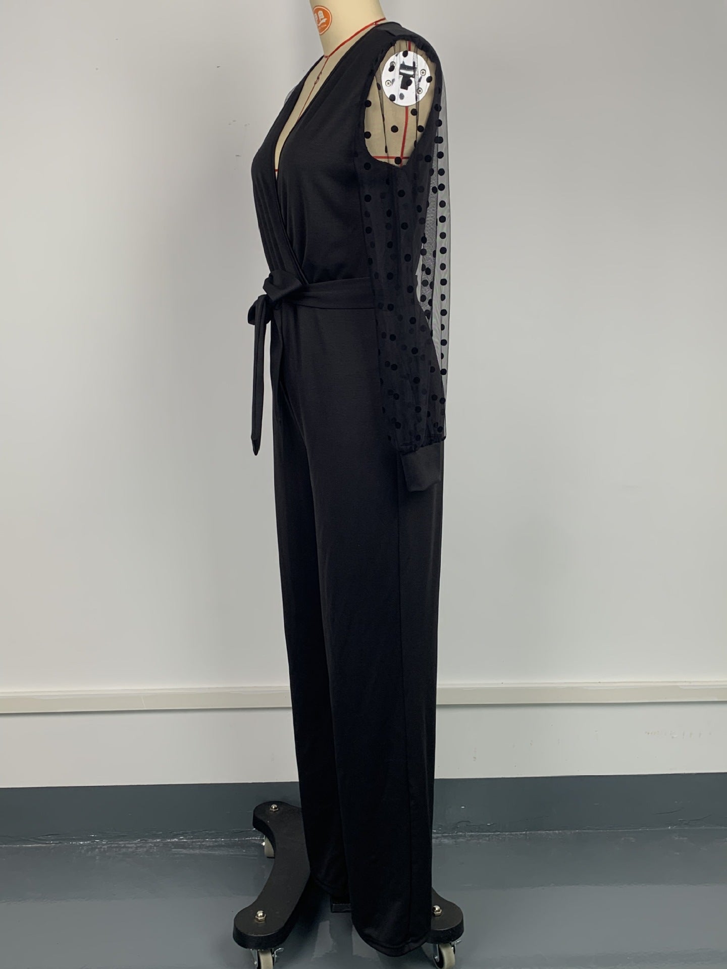 Fashion V-Neck Lace Long-Sleeved  Belt Straight Leg Jumpsuit Elegant Women's Clothing 9