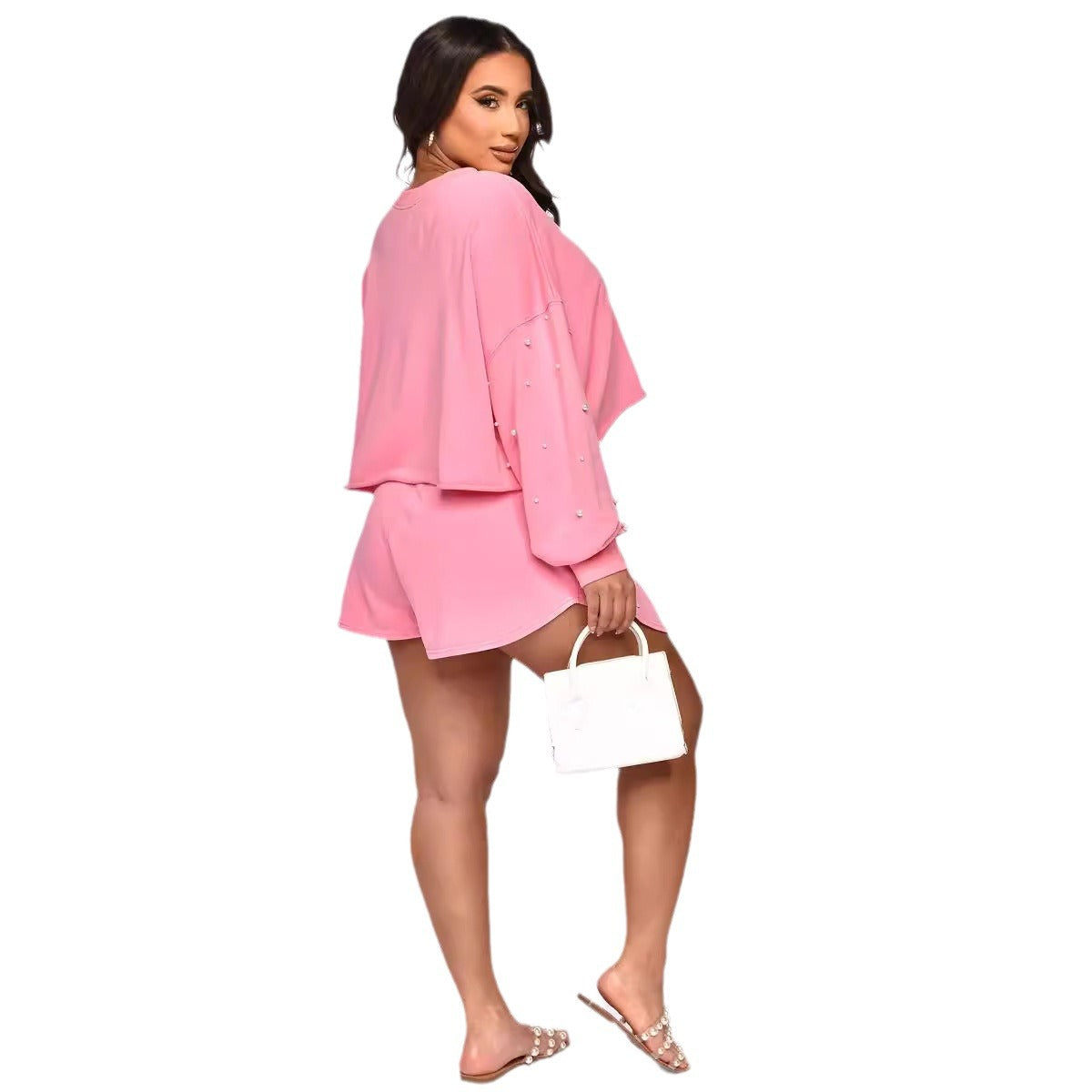 Women's Spring And Autumn Fashion Casual Top Beaded Shorts Two Piece Set 7