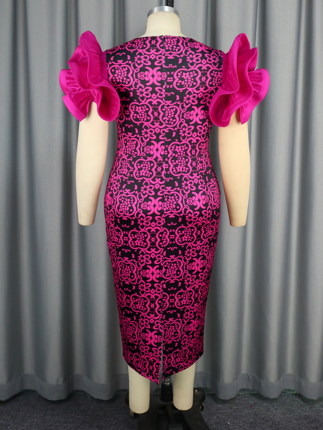 See-Through Mesh Patchwork Elegant Chic Petal Sleeve Printed Party Dress 4