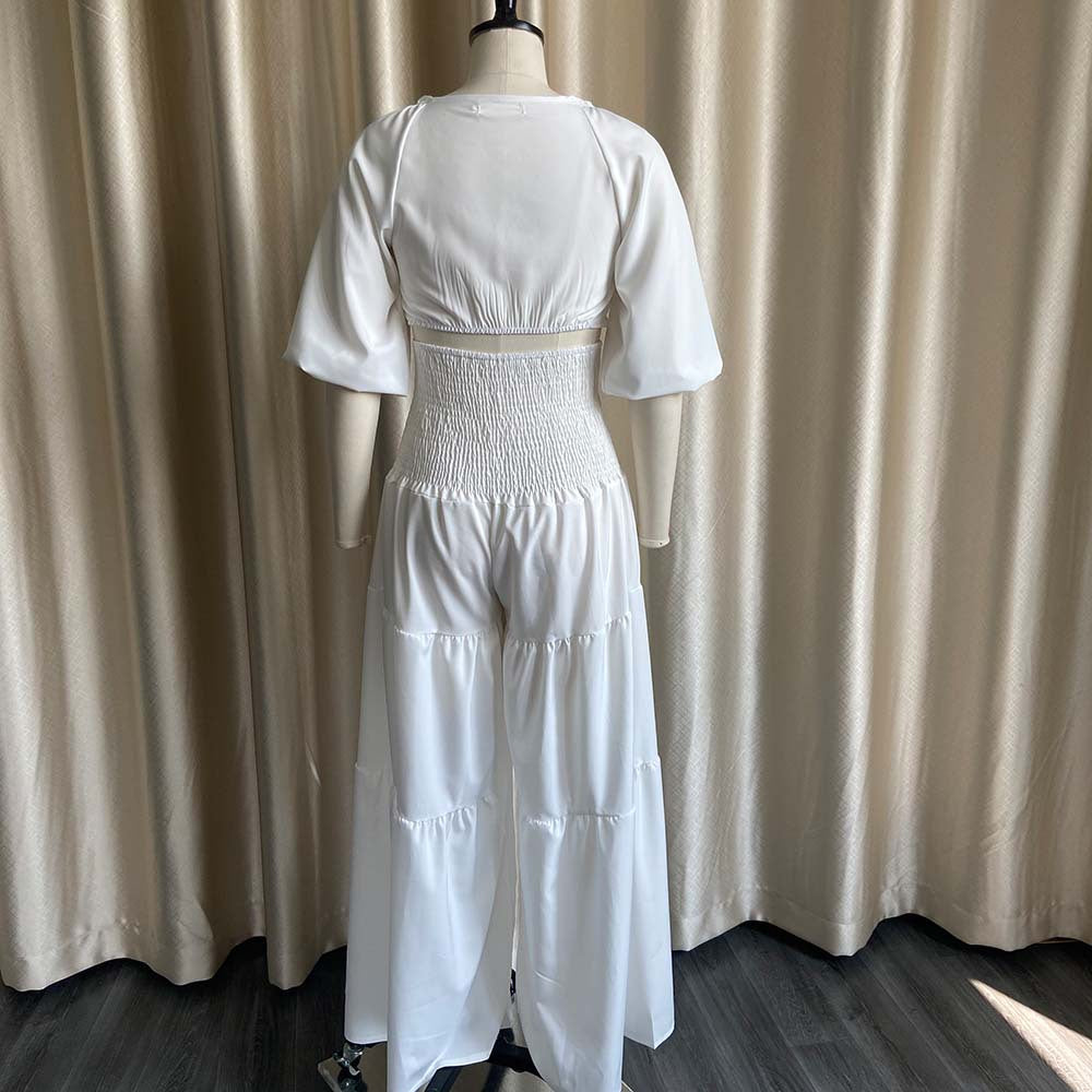 Women Spring Casual V-neck Sleeveless High Waist Solid Cascading Ruffle Loose Plus Size Two Piece Pants Set 9