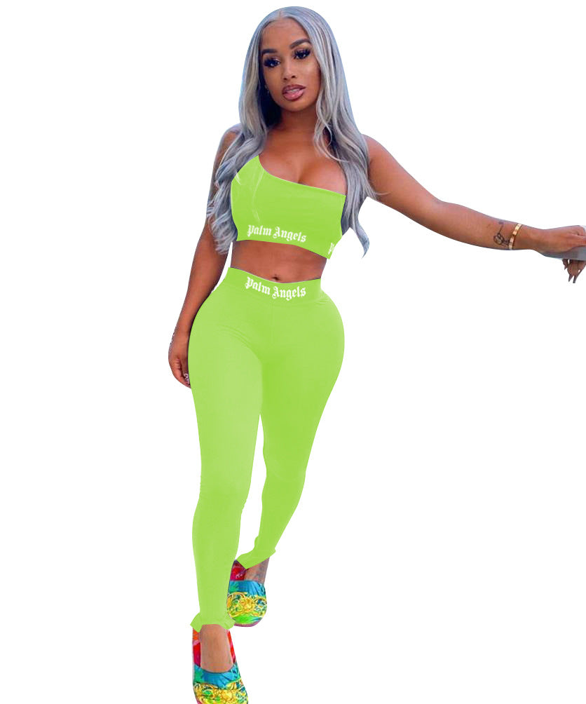 Women's Solid Color Fashion Letter Print Casual Tight Sports Two Piece Pants Set 16