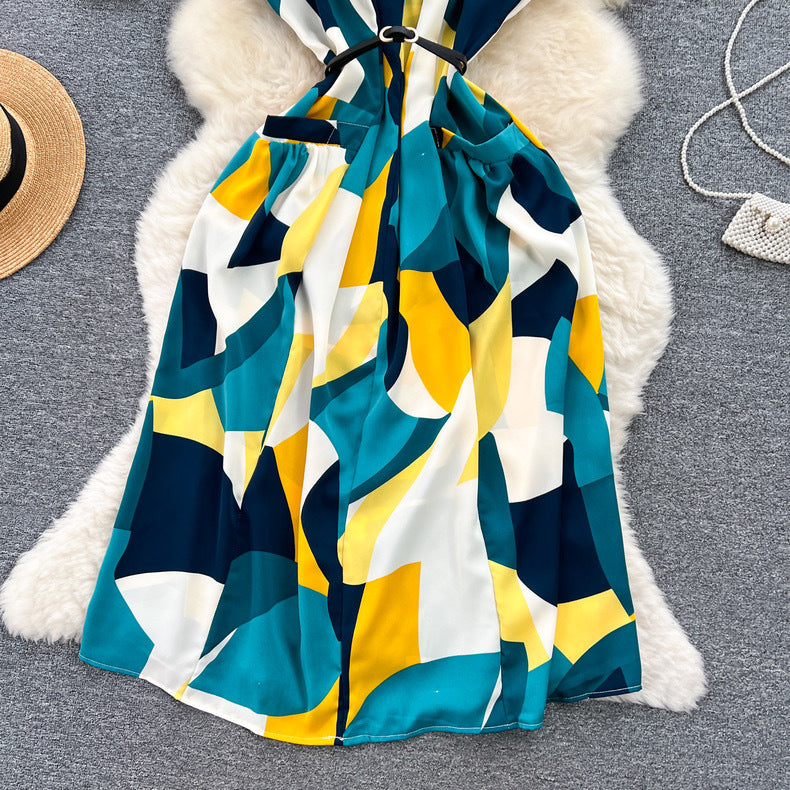 Women Vintage V-Neck Print Summer French Lace-Up Maxi Shirt Dress 24