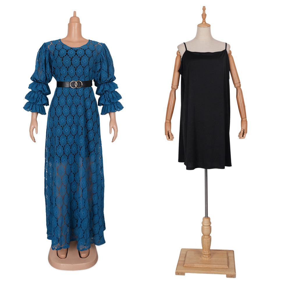 Plus Size Women African Round Neck Lace Dress 3