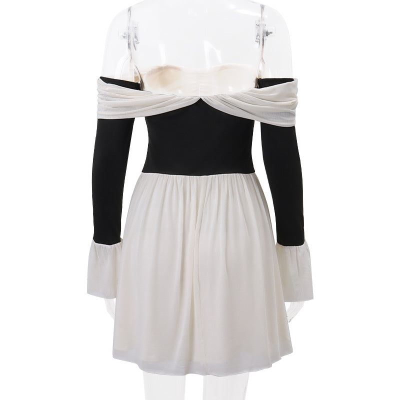 Women's Spring Sexy Off Shoulder Chic Slim Waist Bell Bottom Sleeve Mini Dress 12