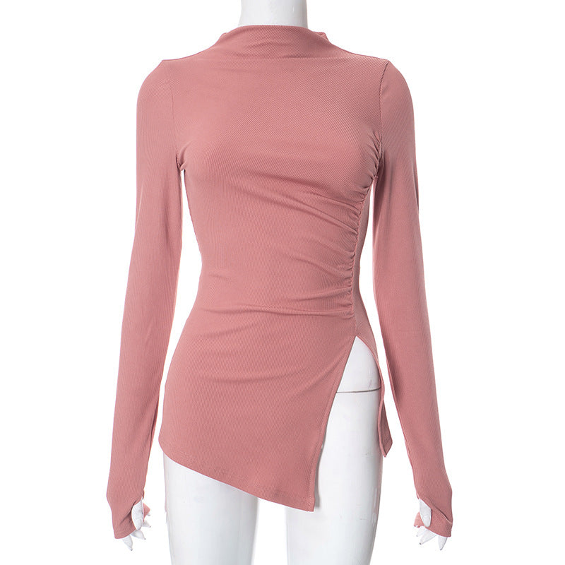 Women's Autumn and Winter Solid Color Tight Fitting Long Sleeve Top Slit Pants Casual Set 14