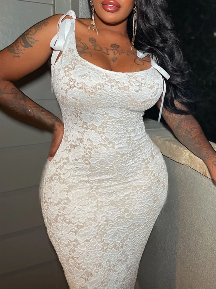 Women's Spring Summer Lace-Up Bowknot Strap Sexy Low Back Lace Double Layer Long Dress