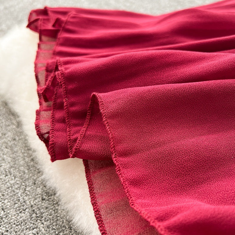 Spring Women's Bow Pleated Chiffon Puff Sleeve Long Dress 15