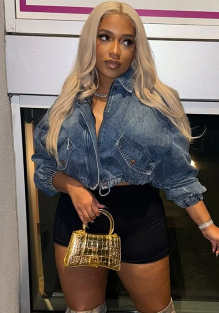 Autumn Winter Women's Fashion Street Wash Long Sleeve Drawstring Denim Jacket