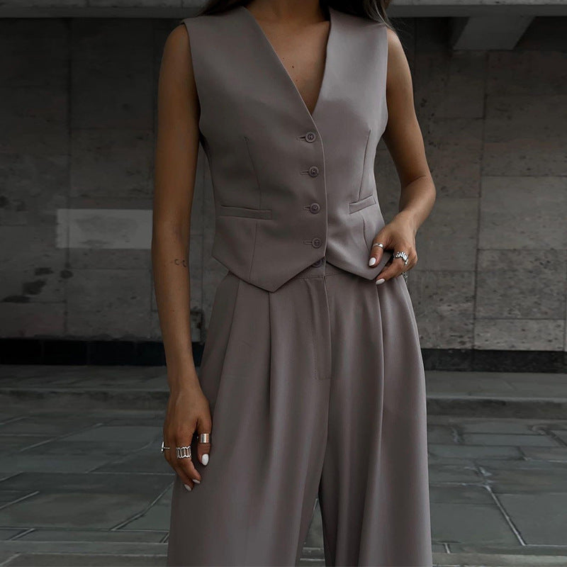 Women 's Spring V-Neck Sleeveless Vest Wide-Leg Trousers Casual Suit 6