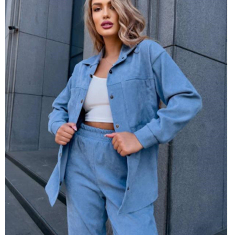 Women Fall Button Long Sleeve Shirt and Pant Two-piece Set 9