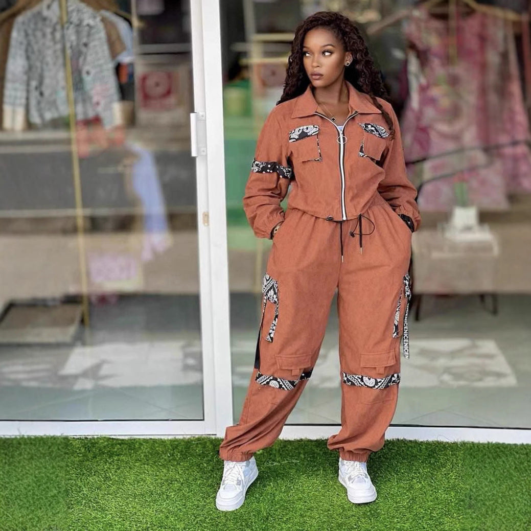 Plus Size Women Colorblock Top and Cargo Trousers Casual Two Piece Set 4