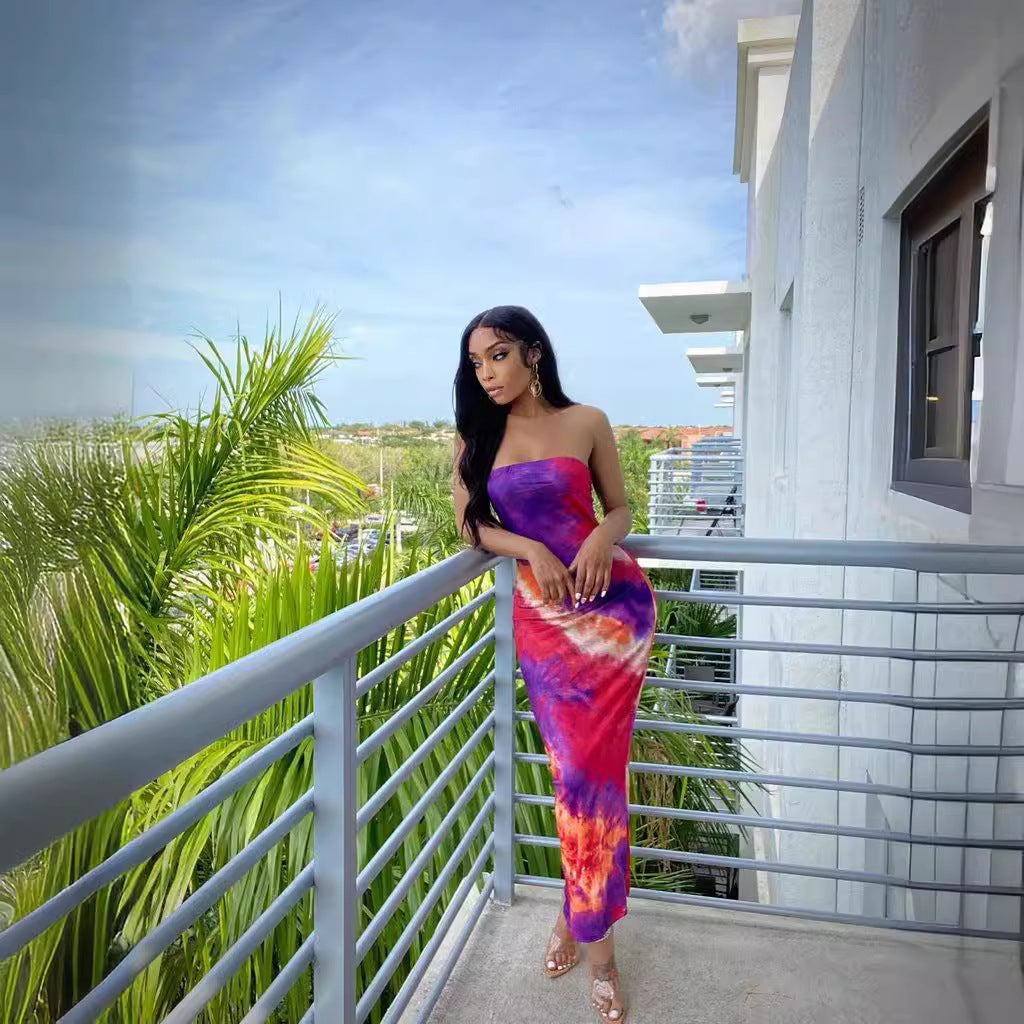 Summer Women's Sexy Printed Strapless Chic Tight Fitting Printed Long Dress 11