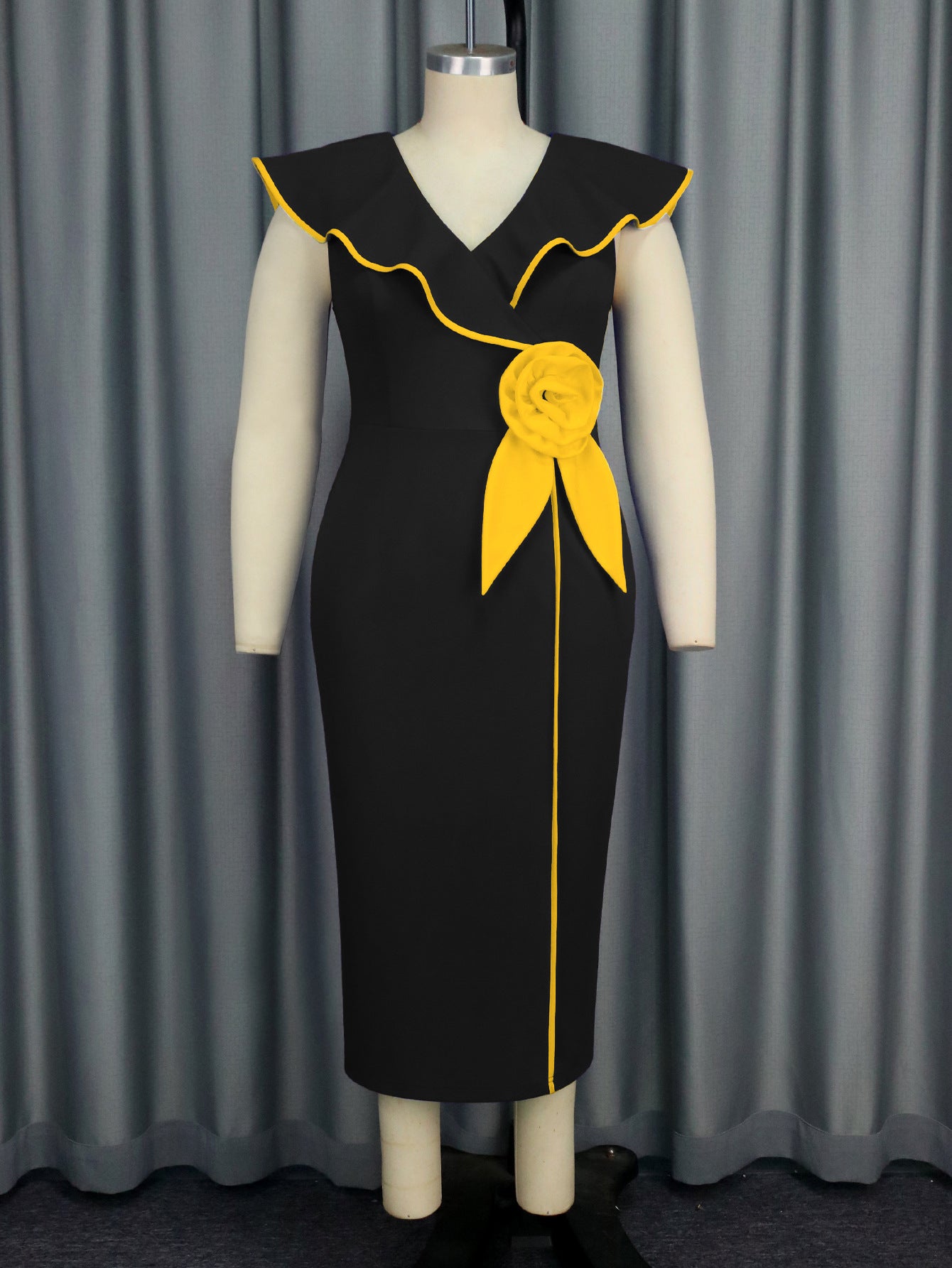 Plus-Size Contrast Flower Ruffle Sleeve Elegant Chic Formal Party Dress 35