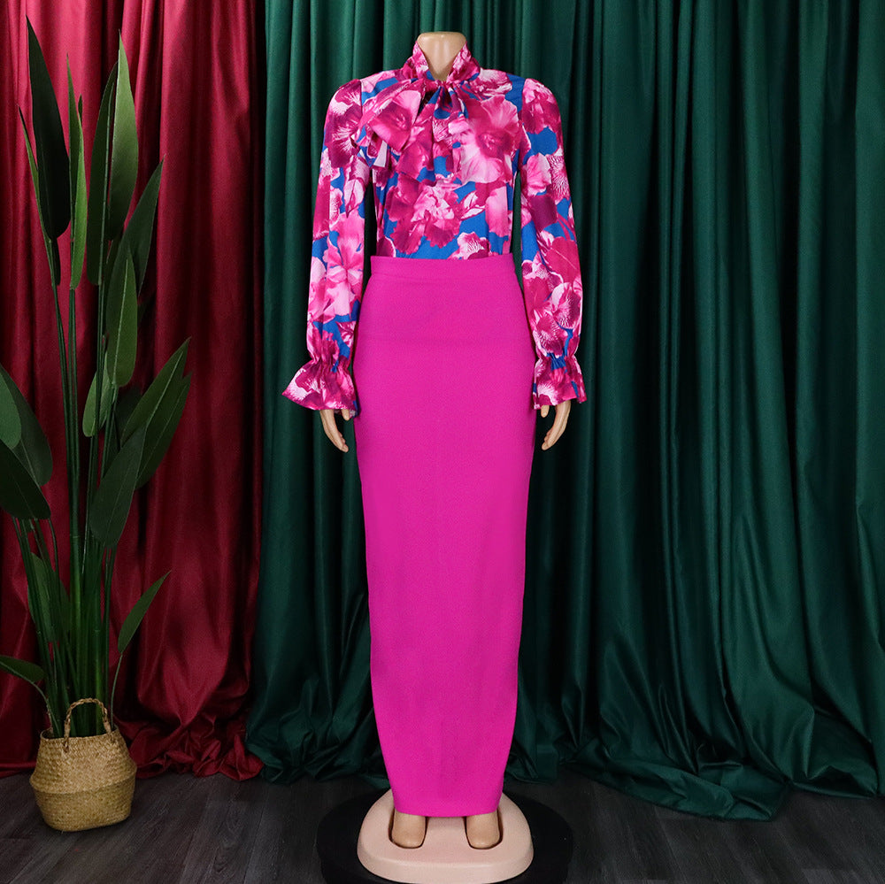 Women Printed Lace-Up Long Sleeve Shirt and Skirt Two-Piece Set 10