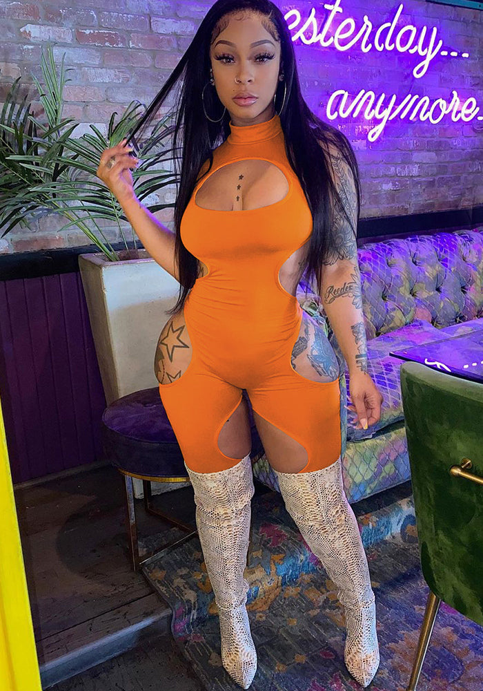 Women's Summer Solid Color Sexy Hollow Short-Sleeve Jumpsuit