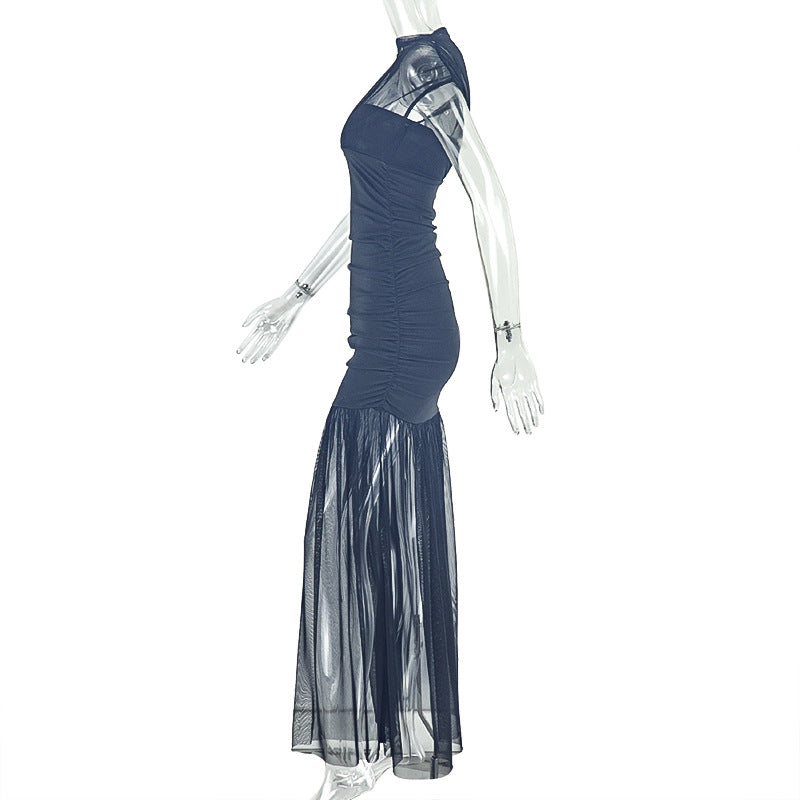 Women Solid Patchwork Sleeveless Turtleneck Pleated Bodycon Dress 7