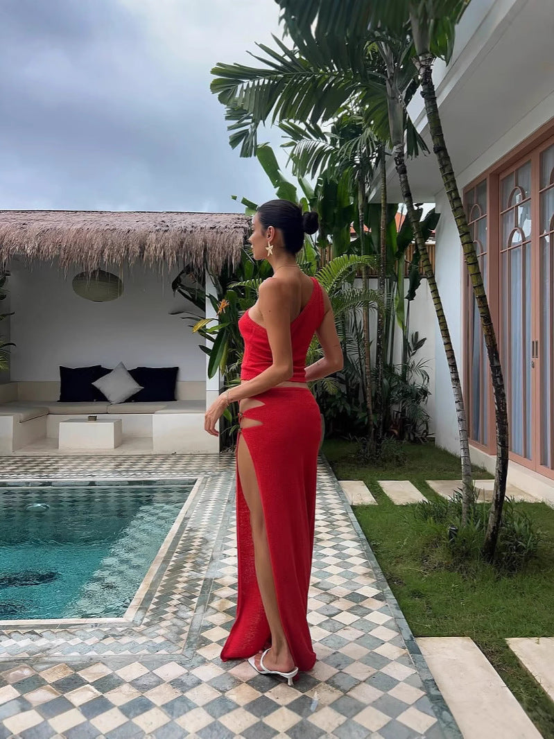 Women's Spring & Summer Sexy Slash Shoulder Top & Slit Skirt Solid Color Knitted Two-Piece Set For Holidays 5