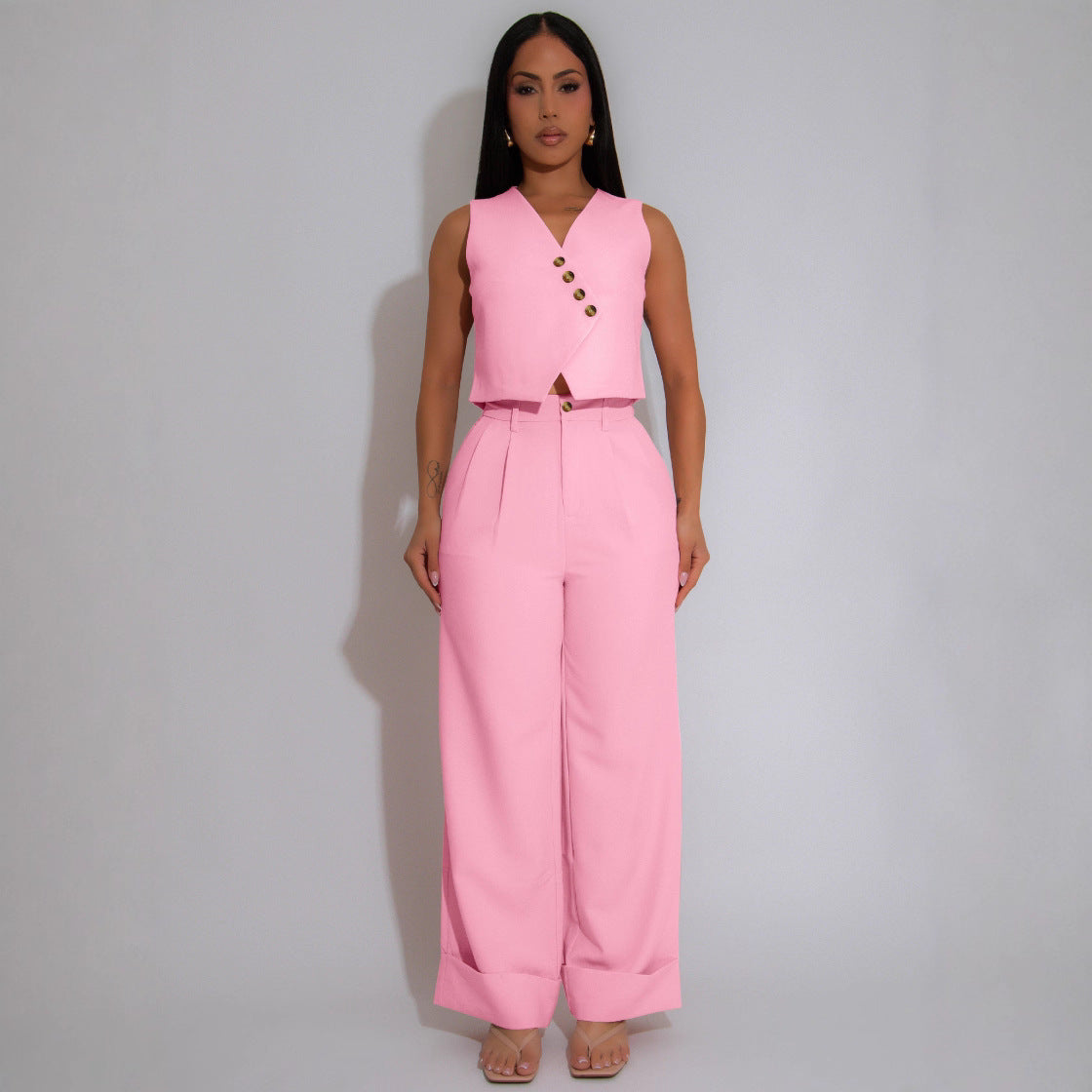 Women Solid Sleeveless V-Neck Vest Top Casual Wide Leg Pants Two-Piece Set